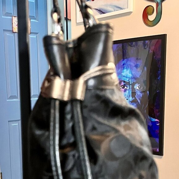 COACH 32702 Black Signature Drawstring Nylon Leather Double Straps Satchel Bag - Picture 2 of 10